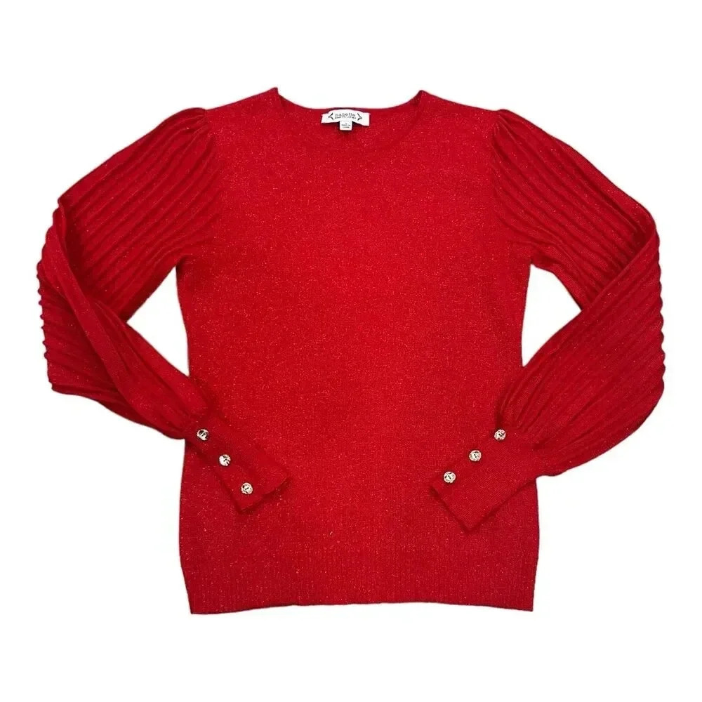 Nanette Lepore Red Metallic Rib Sleeve Lurex Pullover Sweater S